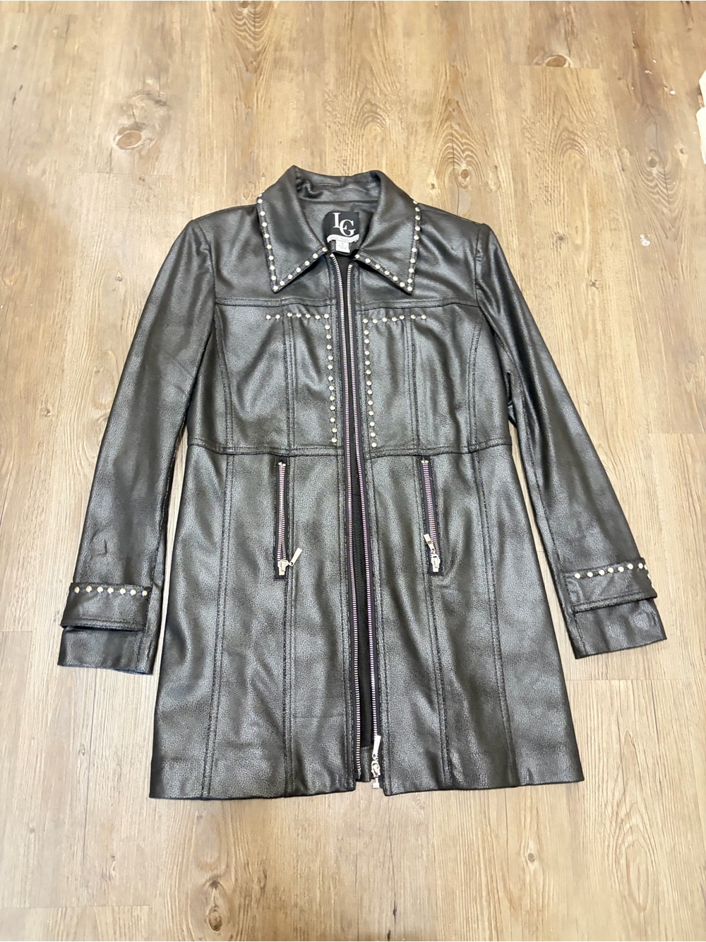 Ladies Black Studded Leather Coat
